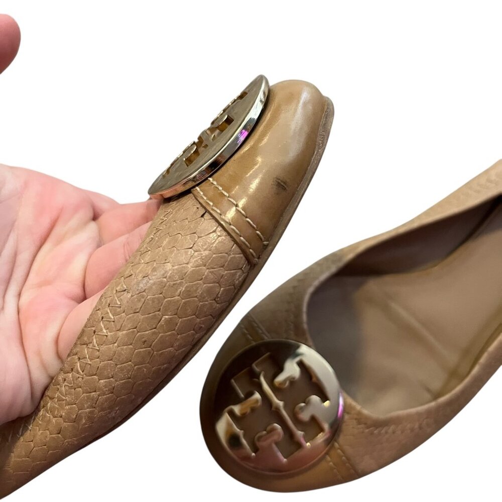 Tory Burch Tan Reva Ballet Flats Womens Size 8 Snake Embossed Leather Gold Logo - Picture 5 of 6